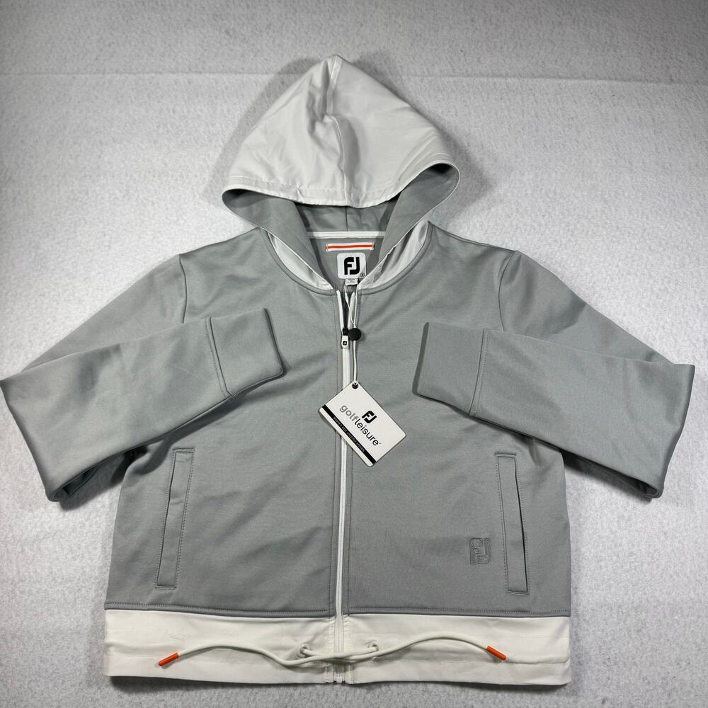 NWT Footjoy Zip Up Jacket Fleece Lined Heather Grey White Small With Hoodie